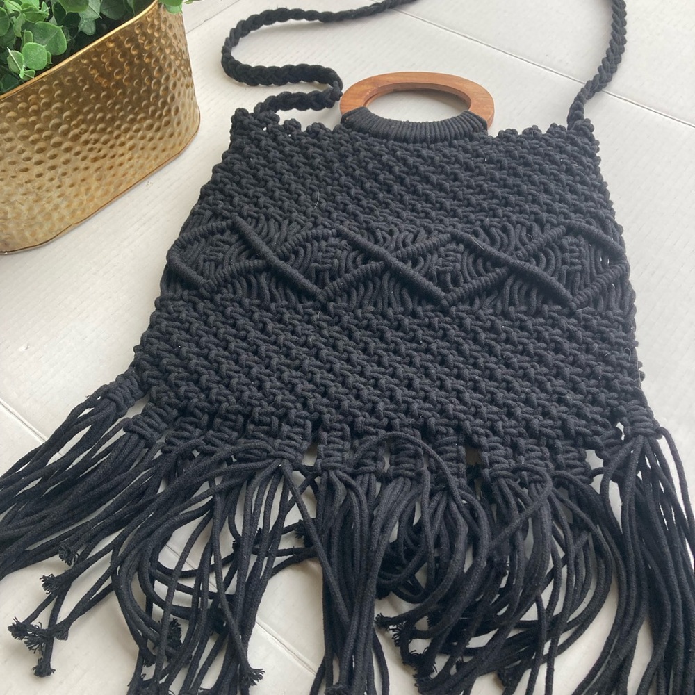 Danielle Nicole Black Macram Fringe Crossbody Han… - image 4
